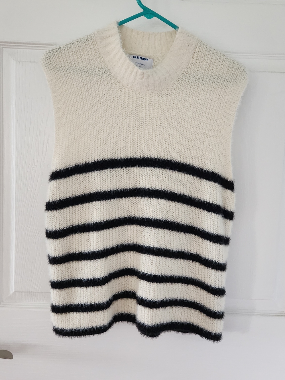 Old Navy Cream and Black Striped Crewneck Sweater Vest